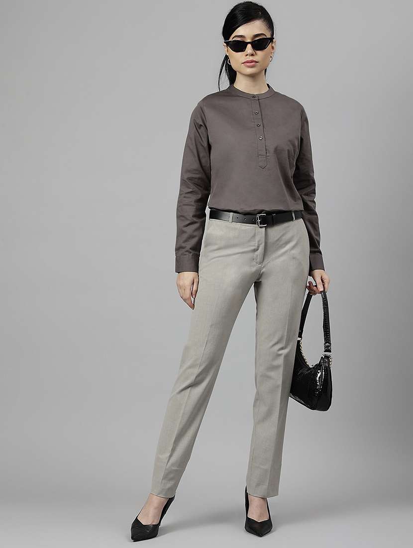 women solid mandarin neck long sleeve top - 22069602 - Standard Image - 4