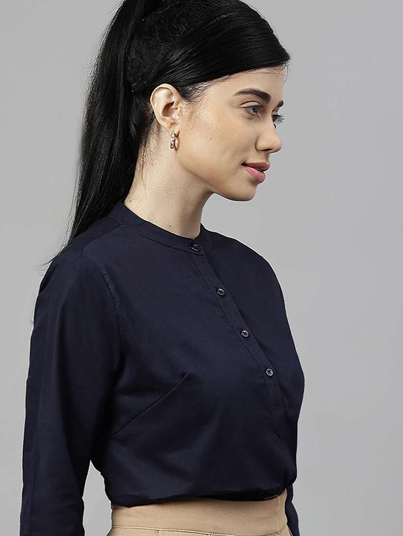 women solid mandarin neck long sleeve top - 22069603 -  Standard Image - 1