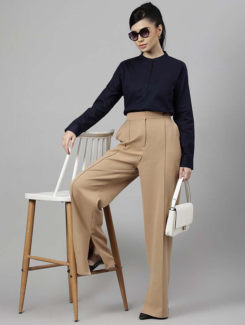 women solid mandarin neck long sleeve top - 22069603 - Standard Image - 4