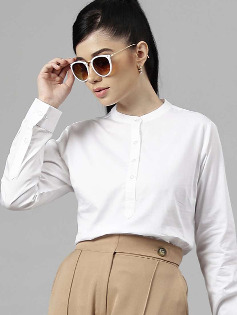 women solid mandarin neck long sleeve top