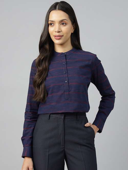 women striped mandarin neck long sleeve top - 22069608 - Standard Image - 0