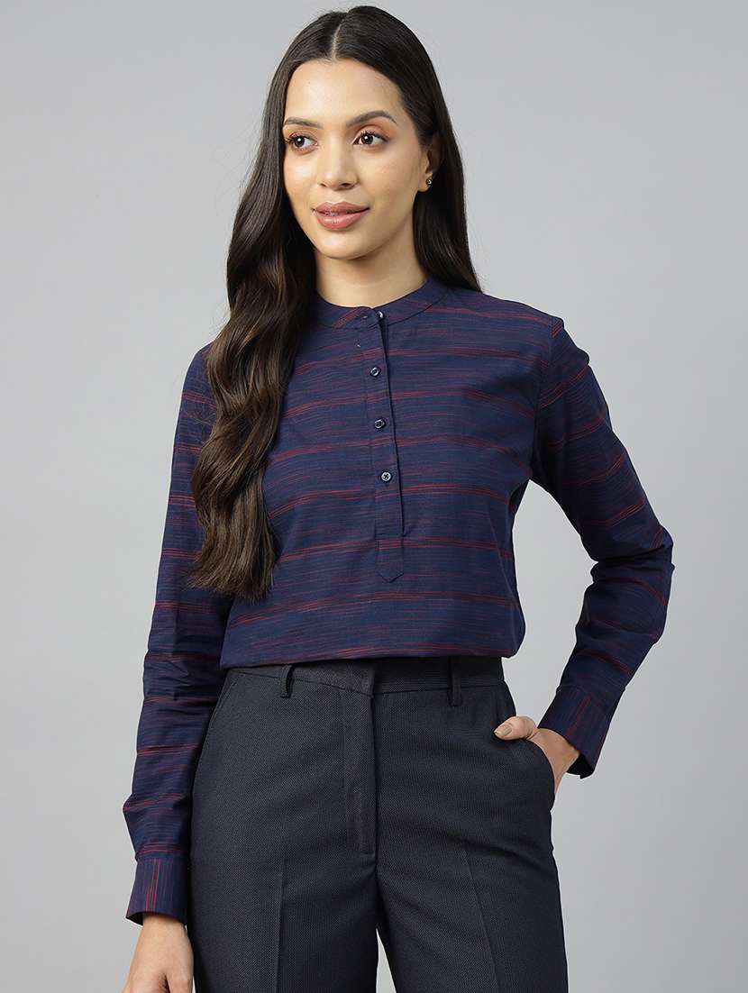 women striped mandarin neck long sleeve top - 22069608 - Zoom Image - 0