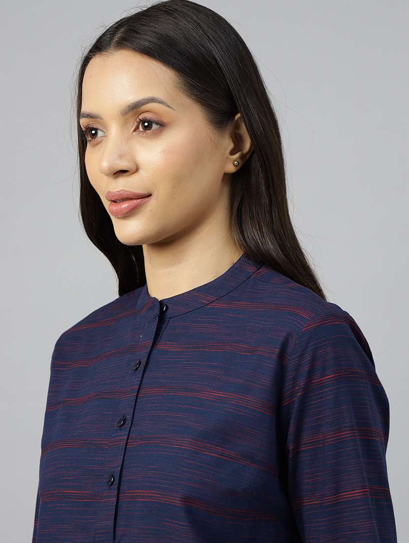 women striped mandarin neck long sleeve top - 22069608 - Standard Image - 1