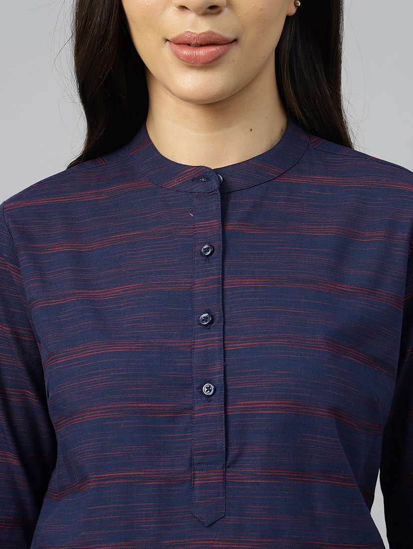 women striped mandarin neck long sleeve top - 22069608 - Standard Image - 4