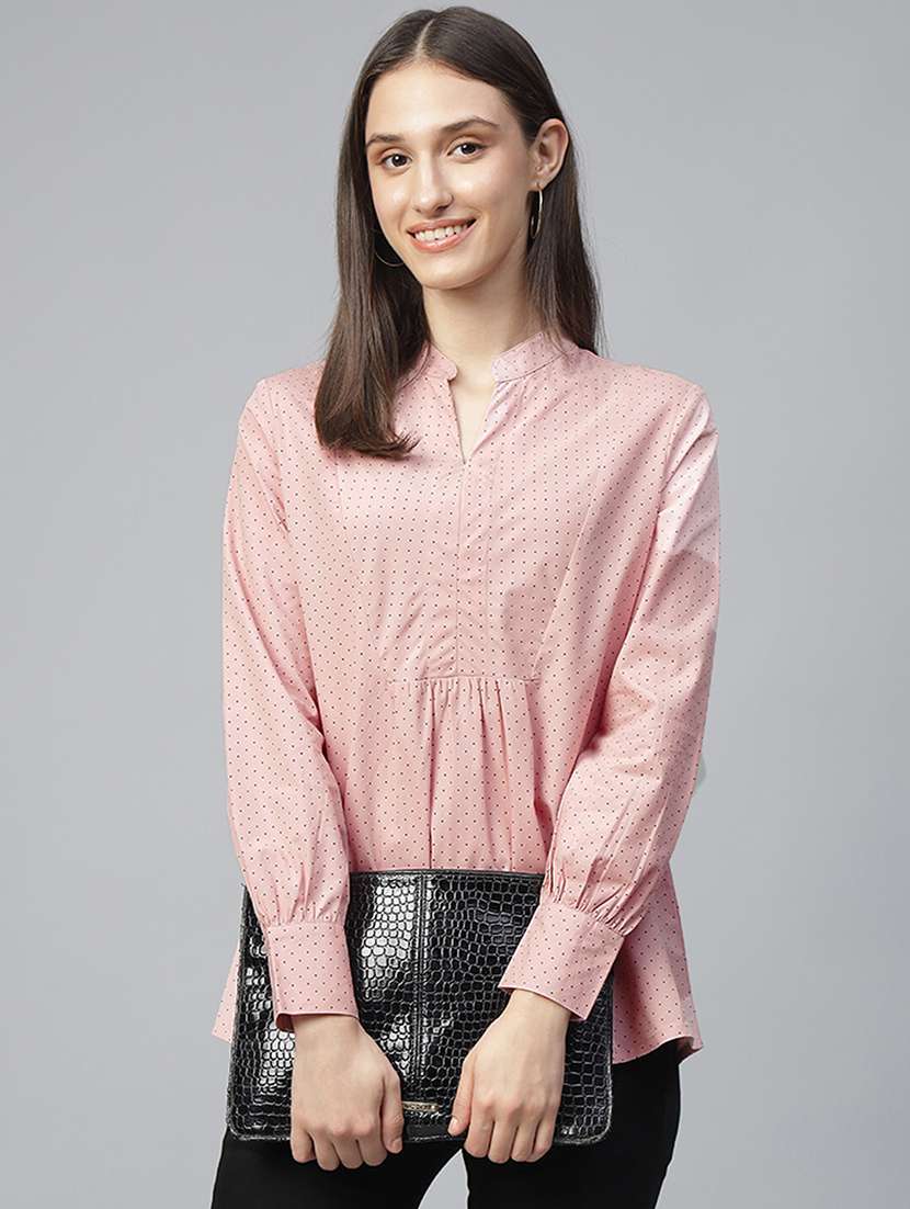 women polka doted mandarin neck long sleeve top