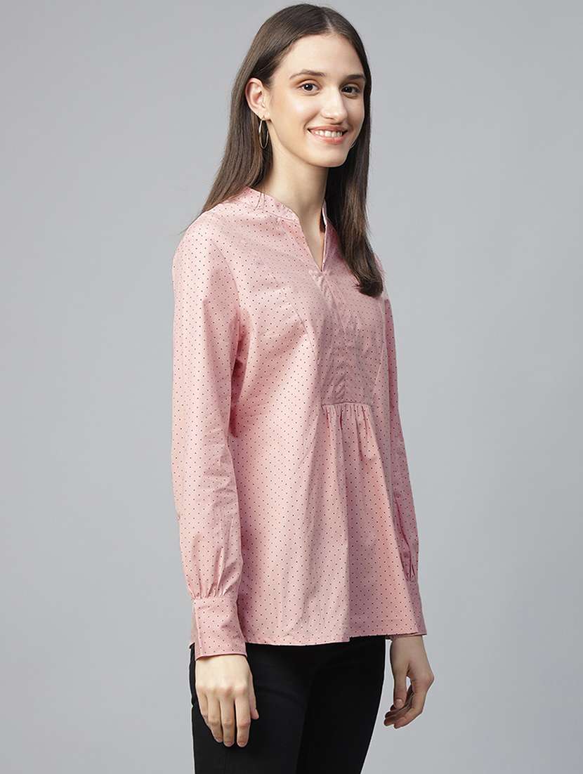 women polka doted mandarin neck long sleeve top - 22069609 - Standard Image - 1