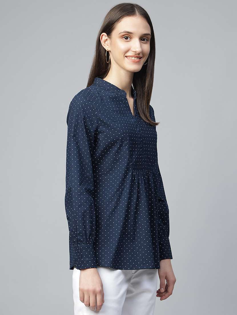 women polka doted mandarin neck long sleeve top - 22069610 - Standard Image - 1
