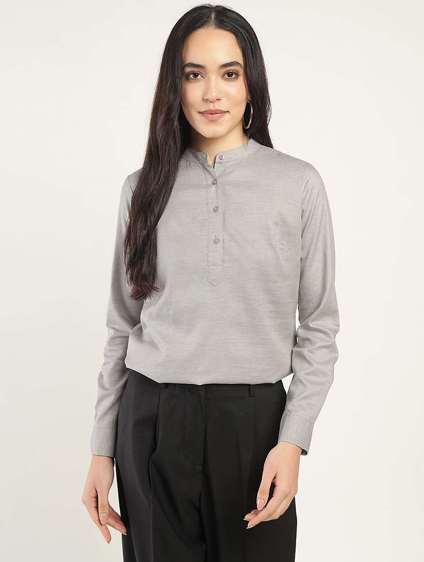 women solid mandarin neck long sleeve top