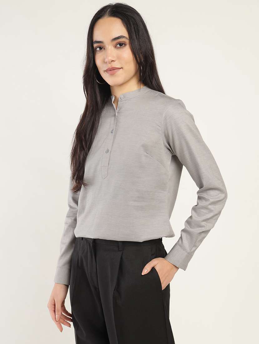 women solid mandarin neck long sleeve top - 22069612 - Standard Image - 1