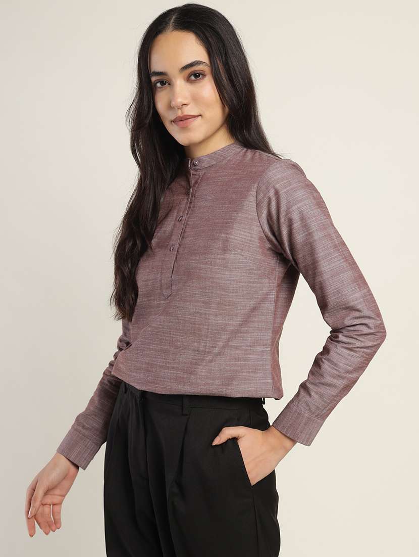 women solid mandarin collared long sleeve top - 22069613 - Standard Image - 1