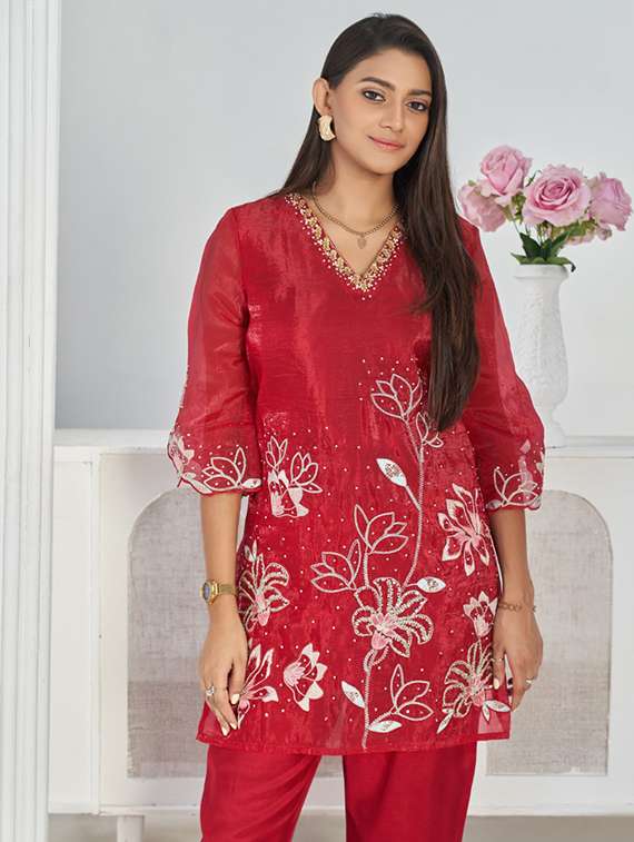 women embroidered three quarter sleeve ethnic co-ord set - 22069619 - Standard Image - 1