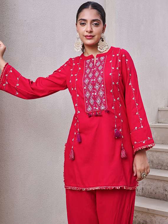 women embroidered long sleeve ethnic co-ord set - 22069625 - Standard Image - 1