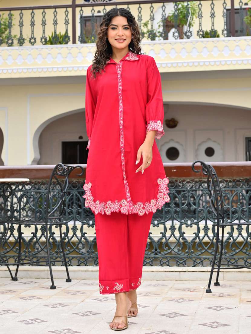 women embroidered three quarter sleeve ethnic co-ord set