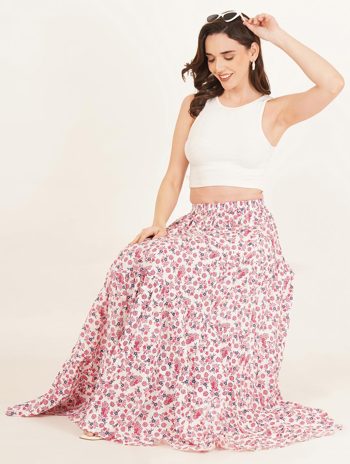 women floral print high rise tiered skirt - 22069696 - Standard Image - 1