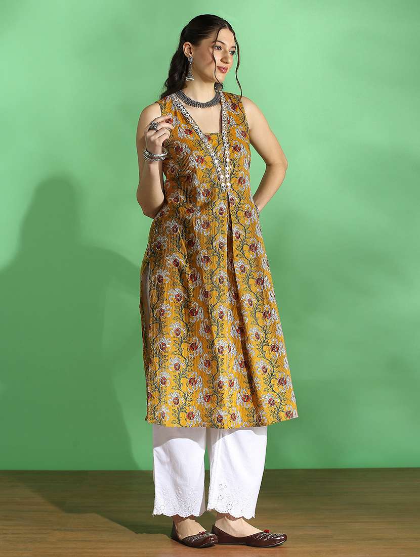 globus women mustard all over floral print v-neck embroidered woven design pleated straight kurta - 22069701 -  Standard Image - 1