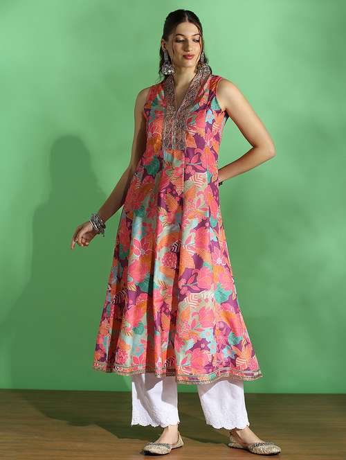 globus women purple floral print embroidered zari work v-neck panelled anarkali festive kurta - 22069702 -  Standard Image - 0