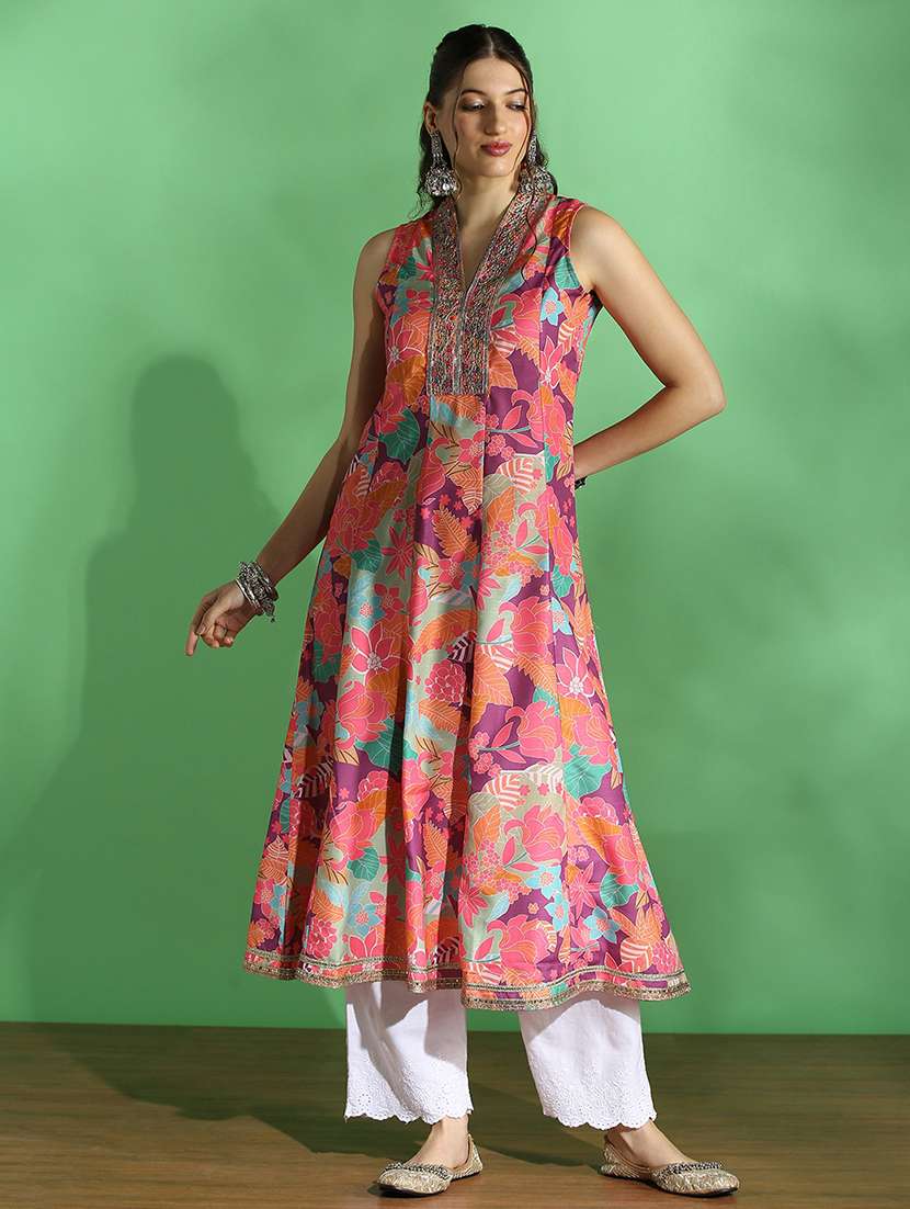 globus women purple floral print embroidered zari work v-neck panelled anarkali festive kurta