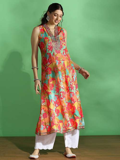 globus women yellow floral print embroidered zari work v-neck panelled anarkali festive kurta - 22069703 - Standard Image - 0