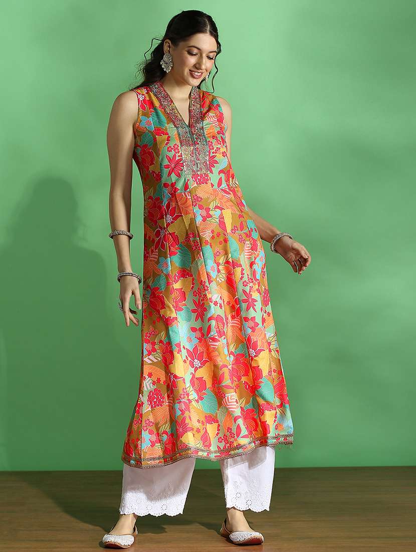 globus women yellow floral print embroidered zari work v-neck panelled anarkali festive kurta - 22069703 - Zoom Image - 0