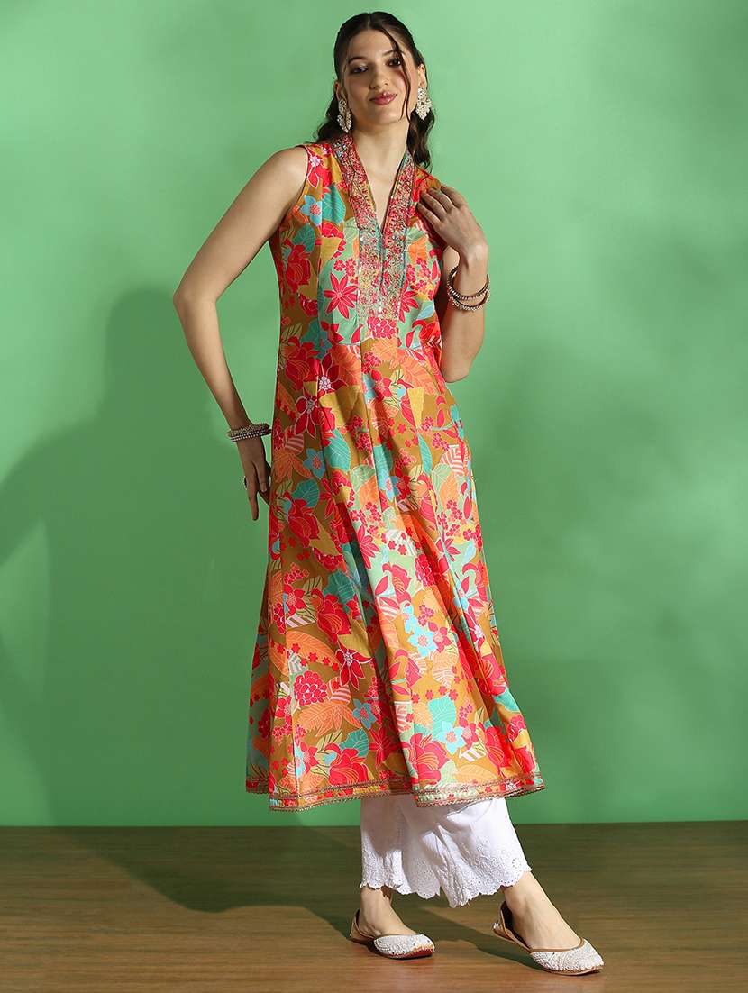 globus women yellow floral print embroidered zari work v-neck panelled anarkali festive kurta - 22069703 - Standard Image - 1