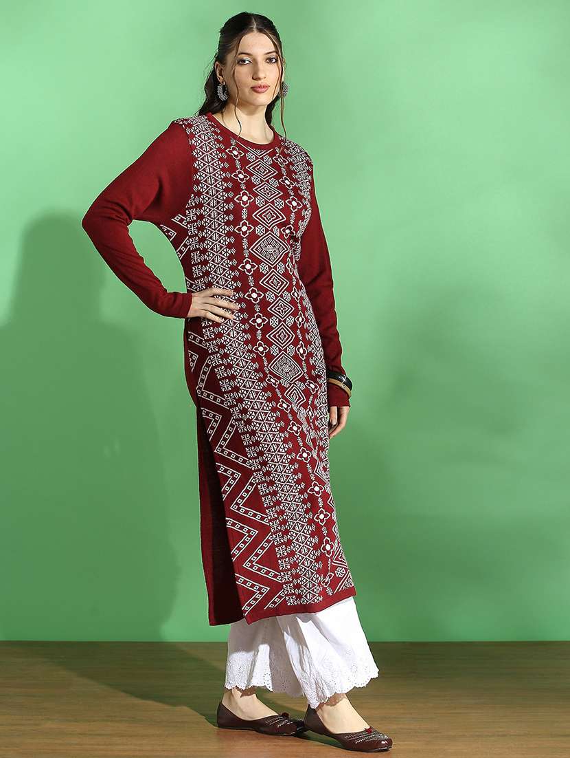 globus women maroon round neck full sleeves placement weave knitted acrylic loose fit winter wear kurta - 22069704 -  Standard Image - 1