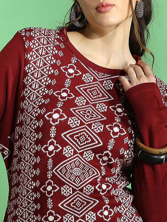 globus women maroon round neck full sleeves placement weave knitted acrylic loose fit winter wear kurta - 22069704 -  Standard Image - 4
