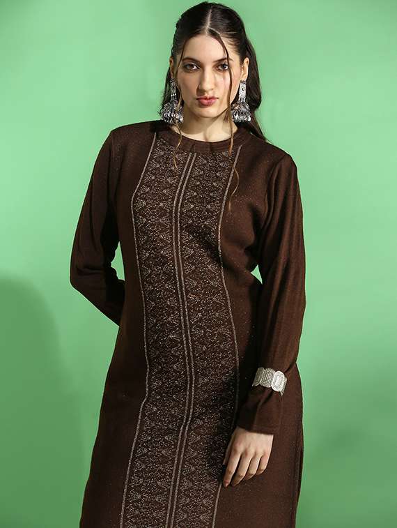 globus women brown round neck full sleeves placement weave knitted acrylic loose fit winter wear kurta - 22069705 -  Standard Image - 1