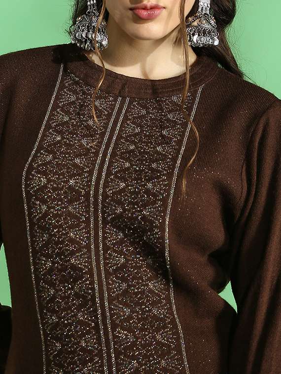 globus women brown round neck full sleeves placement weave knitted acrylic loose fit winter wear kurta - 22069705 -  Standard Image - 4
