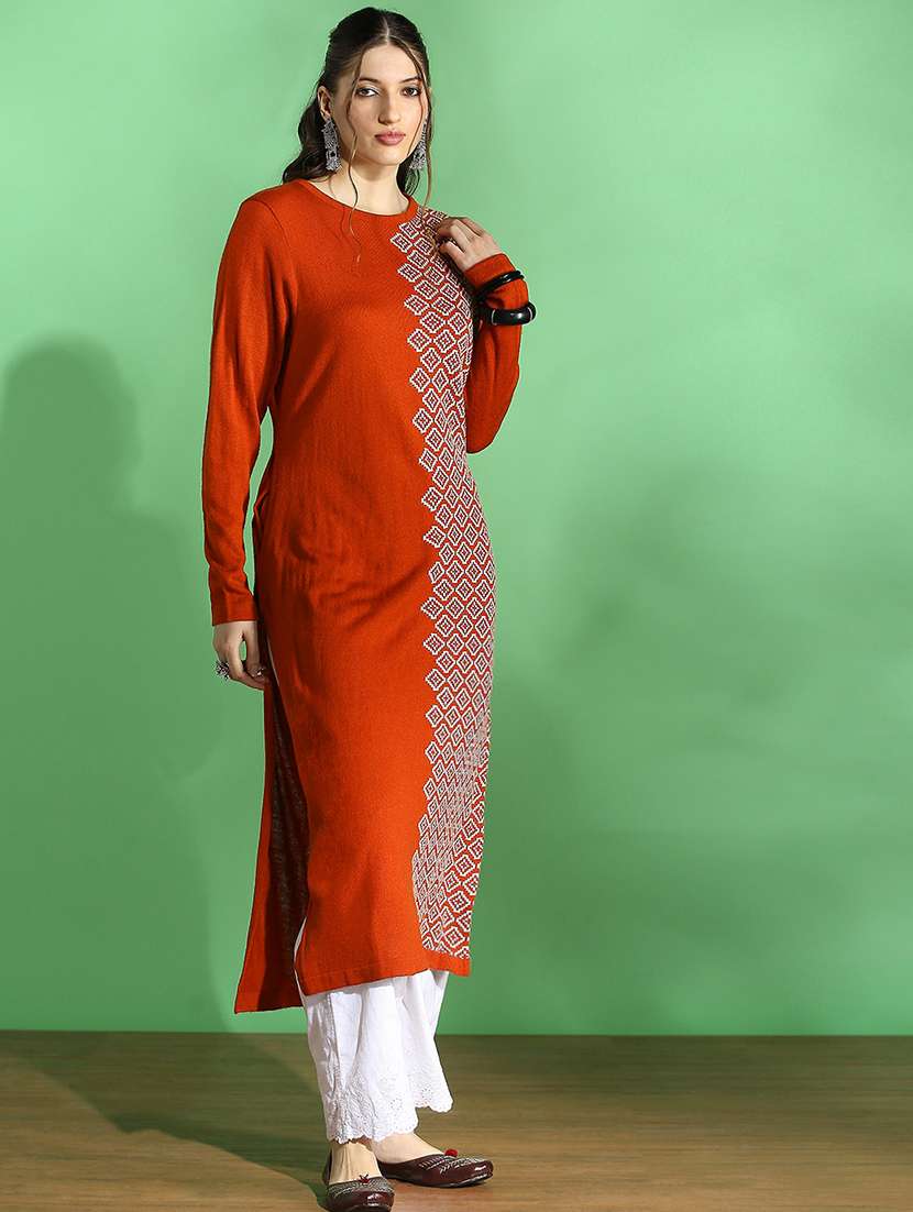 globus women rust round neck full sleeves geometric print placement weave knitted acrylic loose fit winter wear kurta