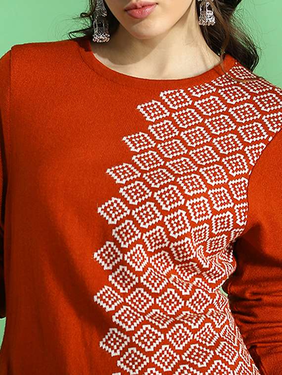 globus women rust round neck full sleeves geometric print placement weave knitted acrylic loose fit winter wear kurta - 22069706 -  Standard Image - 4