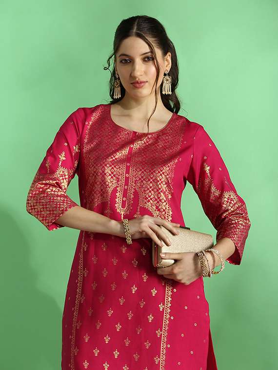 globus women pink round neck floral ethnic foil print straight festive kurta & pant set - 22069707 -  Standard Image - 1