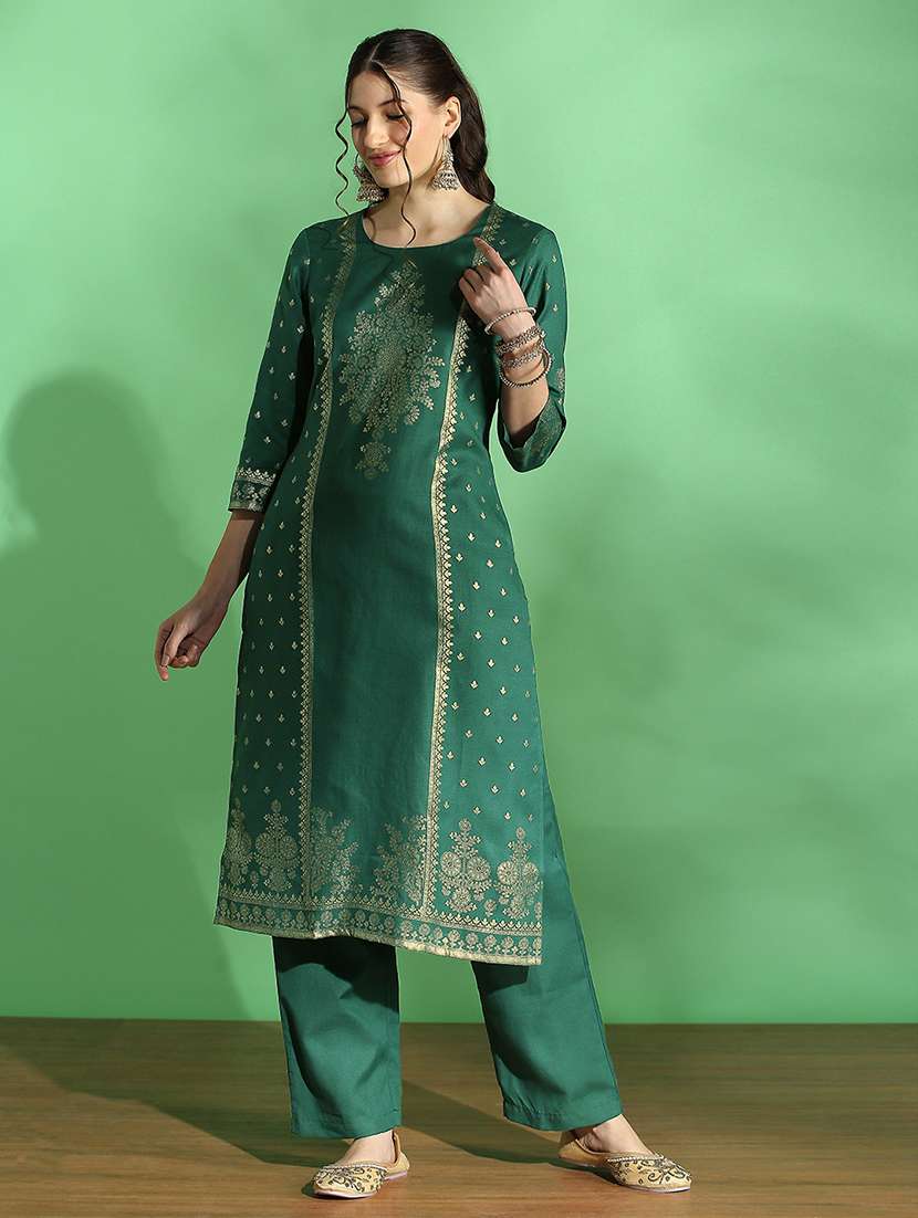 globus women green round neck ethnic foil print straight festive kurta & pant set - 22069708 -  Standard Image - 1