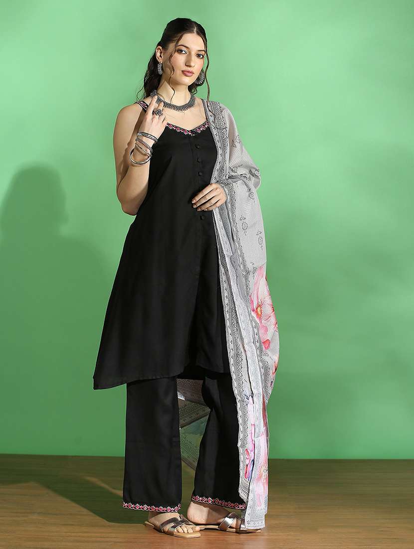 globus women black embroidered v-neck strappy sleeves front slit kurta with pant & floral printed dupatta set - 22069709 -  Standard Image - 1