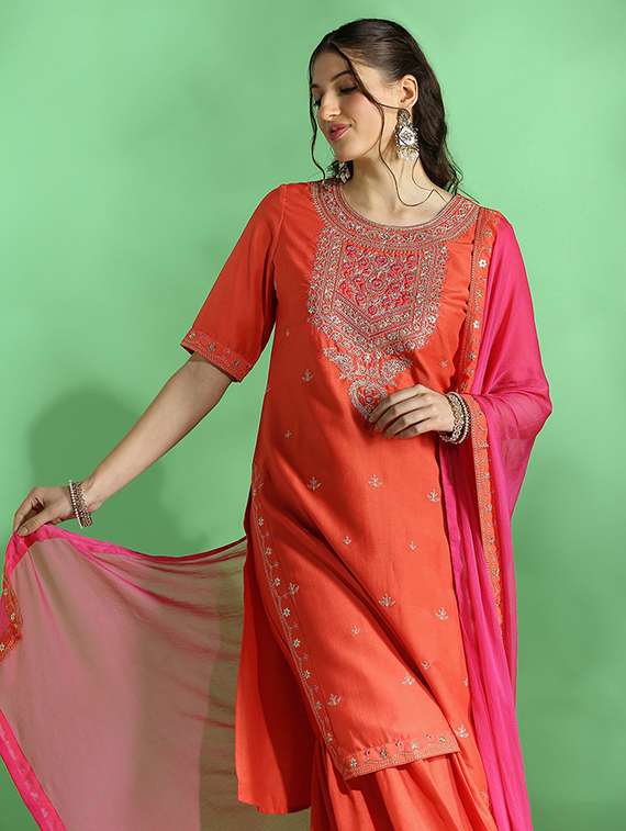 globus women orange embroidered yoke zari work straight kurta with sharara & contrast dupatta festive set - 22069710 -  Standard Image - 1