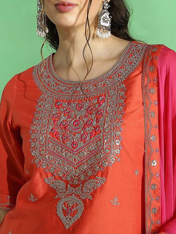 globus women orange embroidered yoke zari work straight kurta with sharara & contrast dupatta festive set - 22069710 -  Standard Image - 4