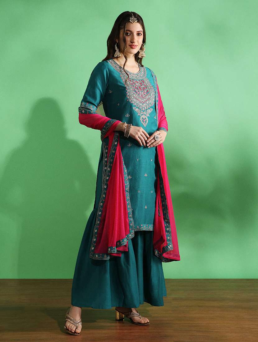 globus women blue embroidered yoke zari work straight kurta with sharara & contrast dupatta festive set - 22069711 -  Standard Image - 1