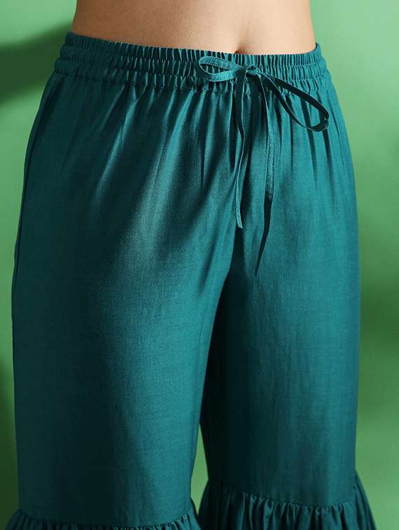 globus women blue embroidered yoke zari work straight kurta with sharara & contrast dupatta festive set - 22069711 -  Standard Image - 4