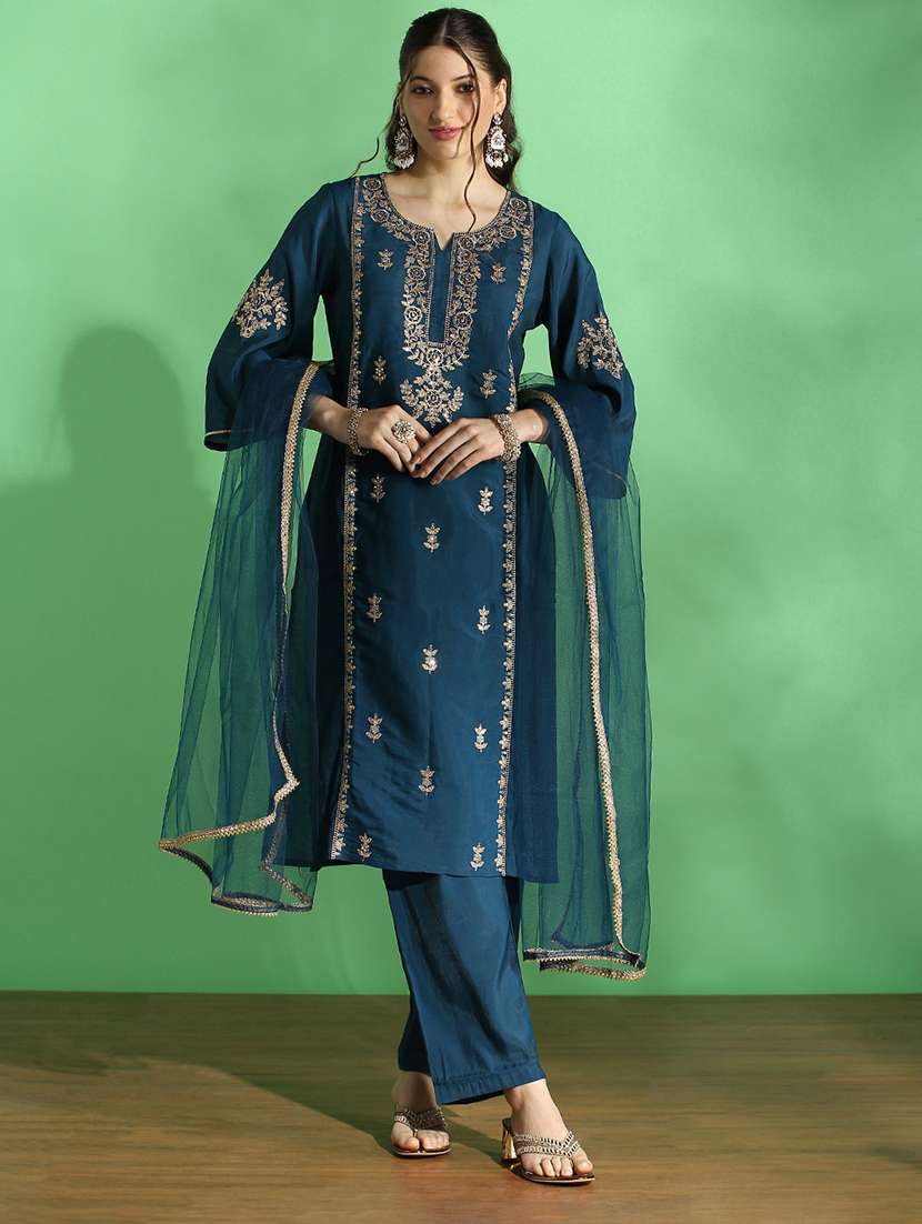 globus women teal embroidered yoke zari work bell sleeves straight kurta with pant & dupatta festive set