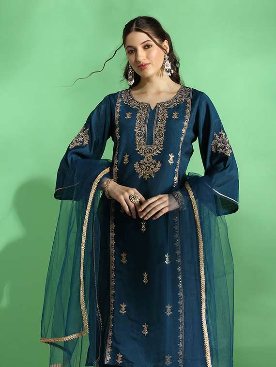 globus women teal embroidered yoke zari work bell sleeves straight kurta with pant & dupatta festive set - 22069712 -  Standard Image - 1
