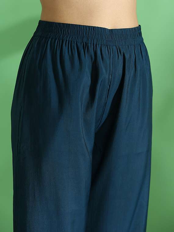 globus women teal embroidered yoke zari work bell sleeves straight kurta with pant & dupatta festive set - 22069712 -  Standard Image - 4