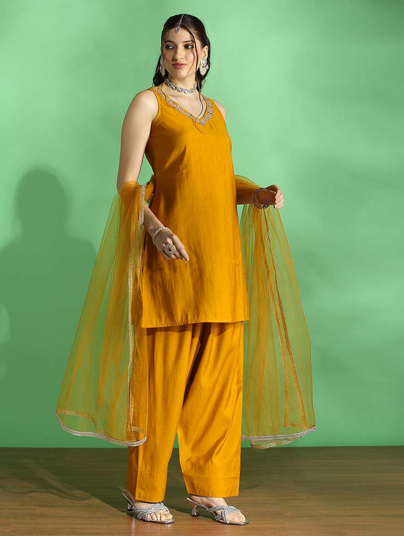 globus women mustard embroidered v-neck kurta with wide leg pant & dupatta set - 22069713 -  Standard Image - 1