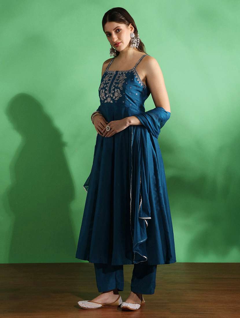 globus women blue sequin embroidered yoke square neck strappy sleeves anarkali kurta with pant & dupatta set - 22069714 -  Standard Image - 1