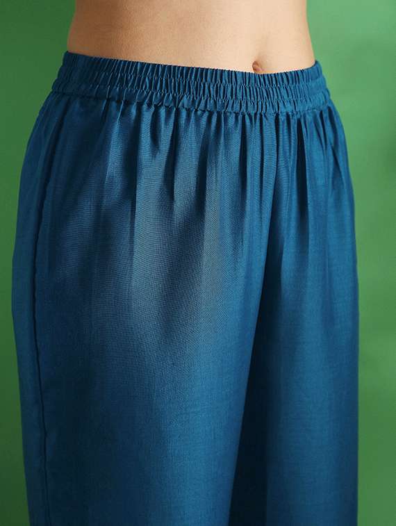 globus women blue sequin embroidered yoke square neck strappy sleeves anarkali kurta with pant & dupatta set - 22069714 -  Standard Image - 4