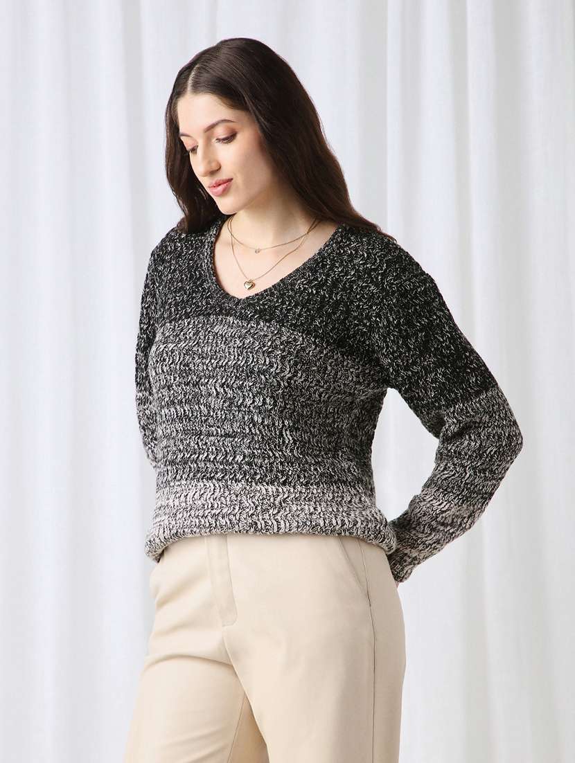 globus women black ombre self design v-neck acrylic pullover sweater - 22069715 - Standard Image - 1