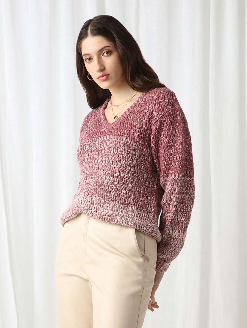 globus women pink ombre self design v-neck acrylic pullover sweater 