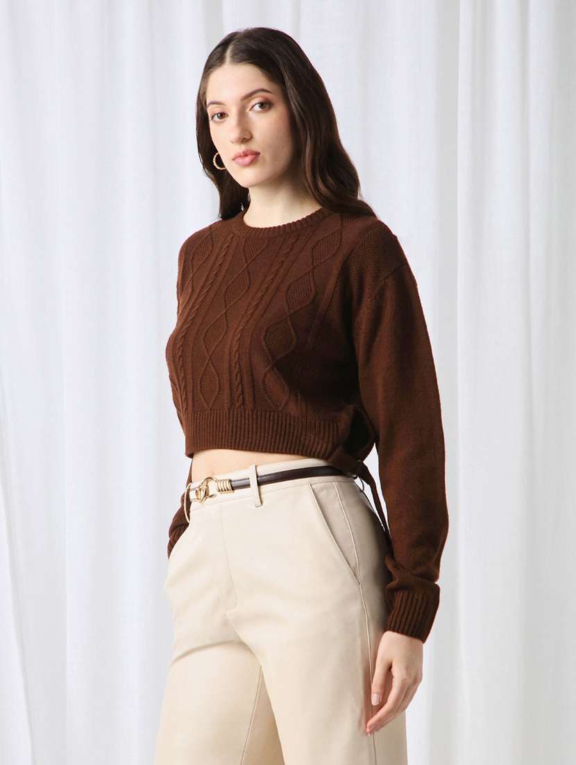 globus women brown cable knitting round neck long sleeve acrylic pullover crop sweater - 22069717 - Standard Image - 1