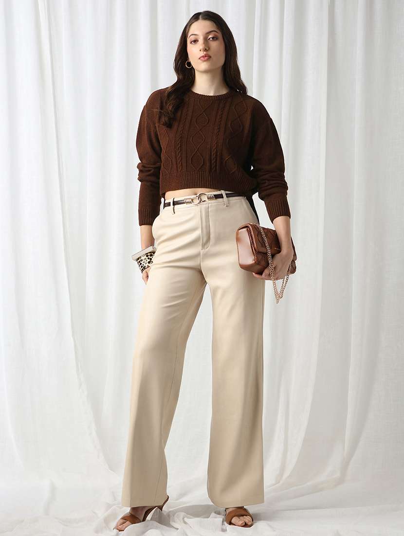 globus women brown cable knitting round neck long sleeve acrylic pullover crop sweater - 22069717 - Standard Image - 4