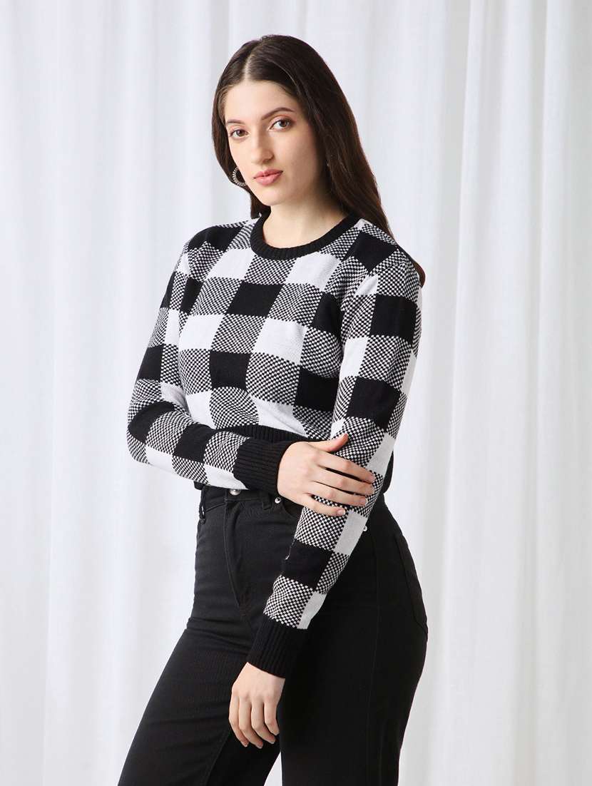 globus women black checkered round neck long sleeves acrylic pullover crop sweater  - 22069718 -  Standard Image - 1