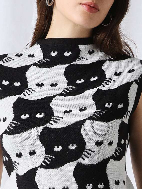 globus women black animal self design high neck extended sleeves acrylic sweater vest - 22069719 - Standard Image - 4