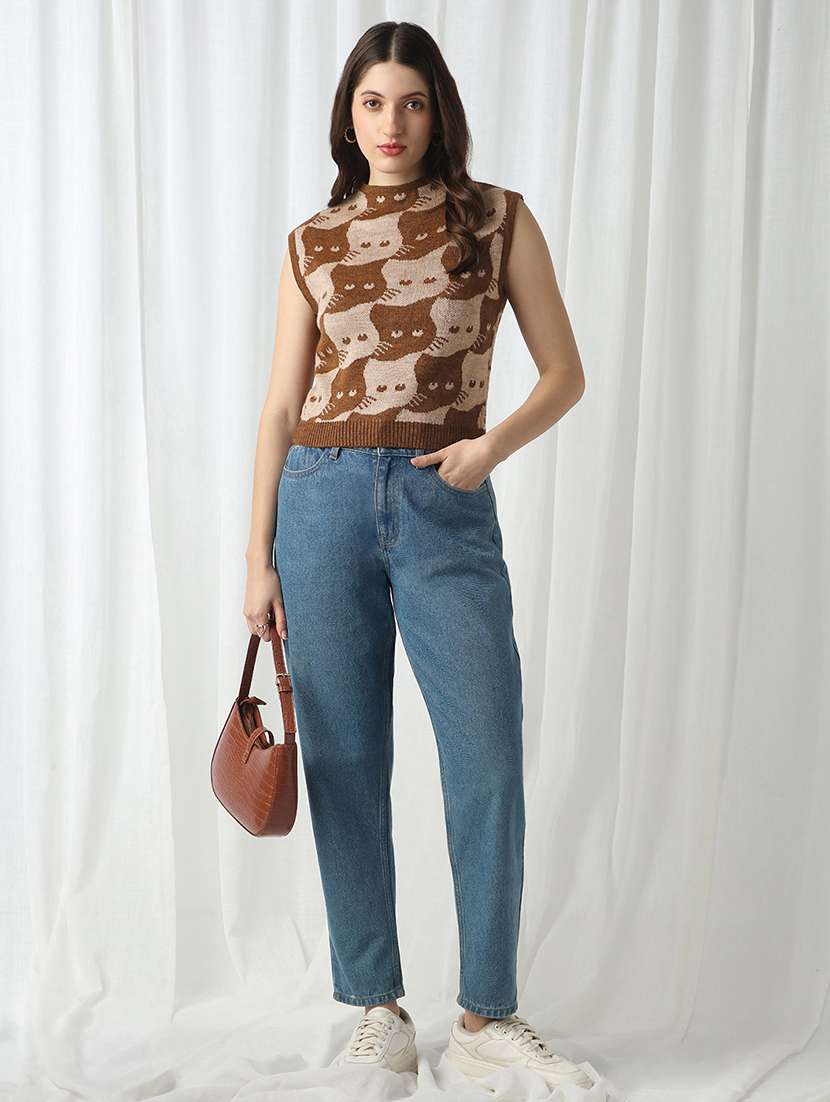 globus women brown animal self design high neck extended sleeves acrylic sweater vest - 22069720 - Standard Image - 4